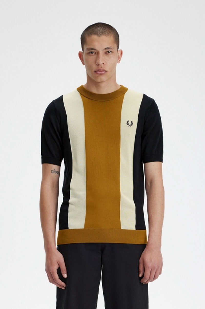 Fred Perry Striped Fine Knit Men\'s T Shirts Black | OGS-935104