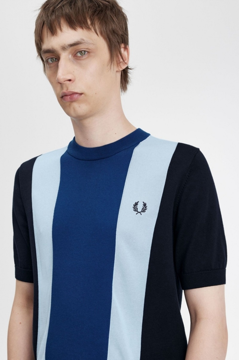 Fred Perry Striped Fine Knit Men's T Shirts Navy | ETZ-143975