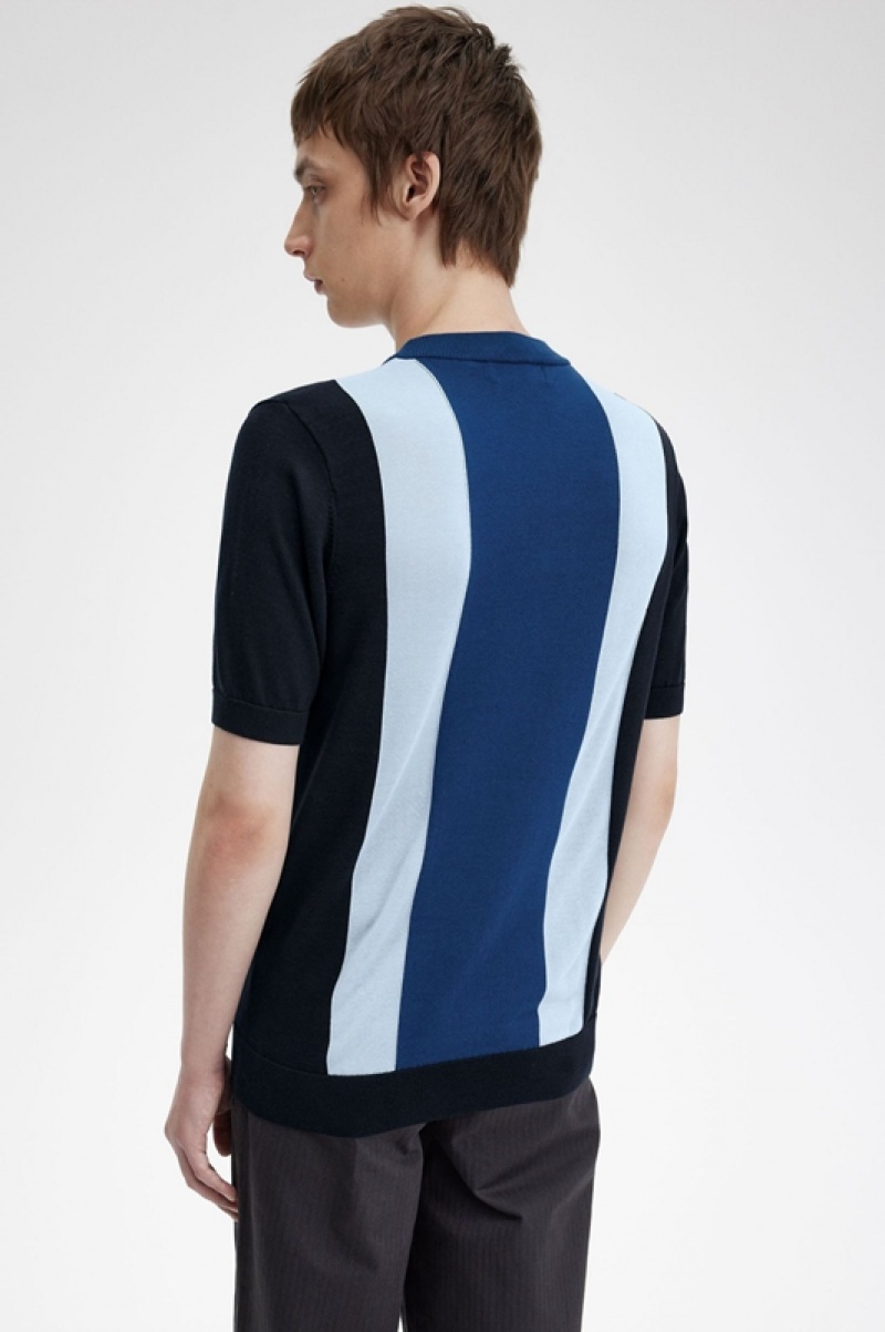 Fred Perry Striped Fine Knit Men's T Shirts Navy | ETZ-143975