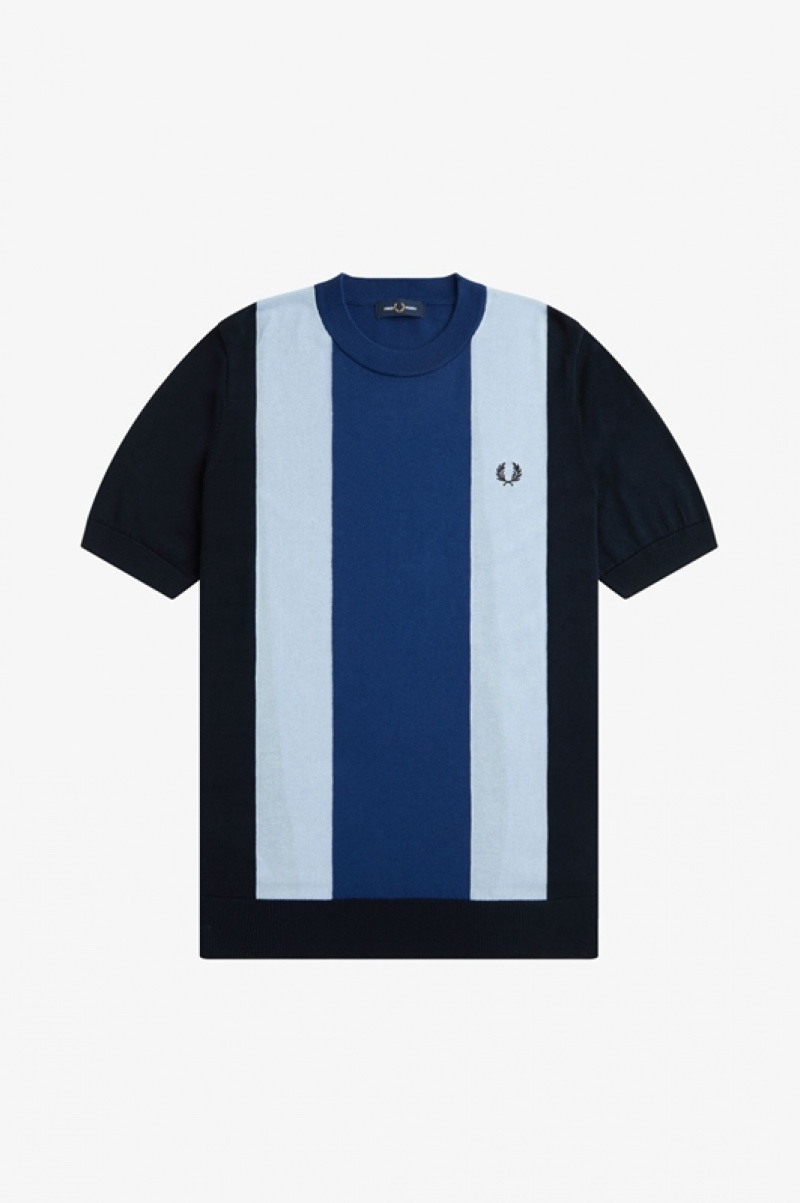 Fred Perry Striped Fine Knit Men's T Shirts Navy | ETZ-143975