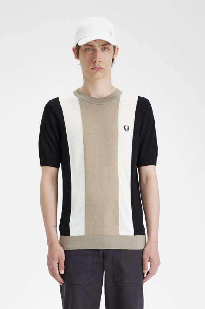 Fred Perry Striped Fine Knit Men\'s T Shirts Black | BXV-423165