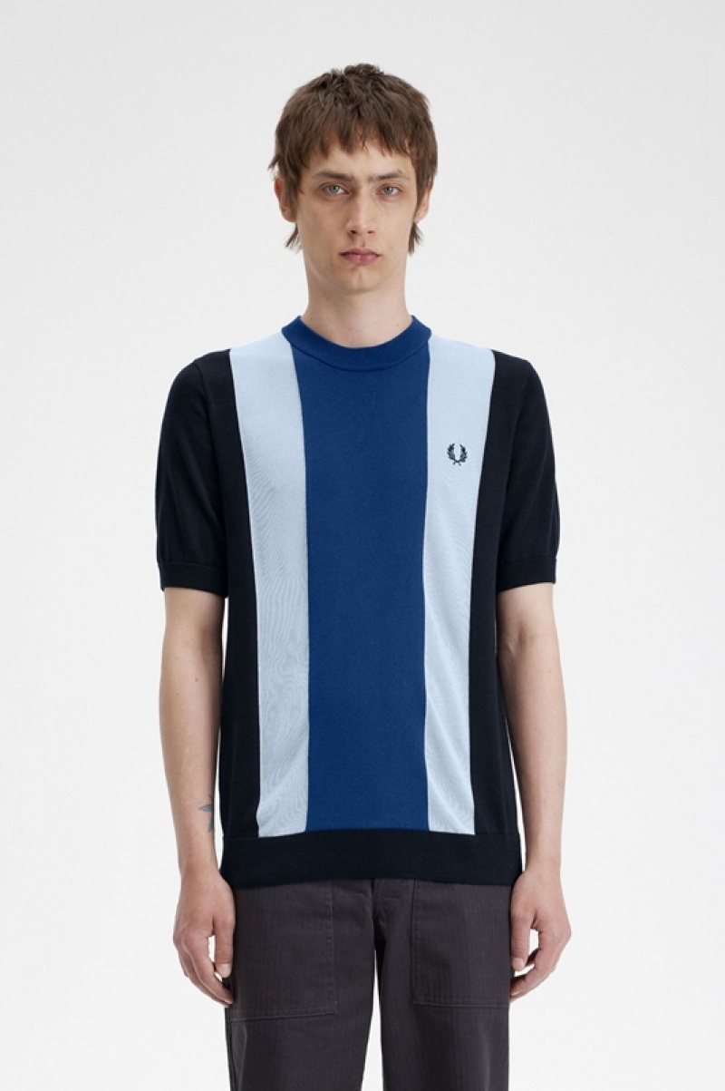 Fred Perry Striped Fine Knit Men\'s T Shirts Navy | OGQ-463598