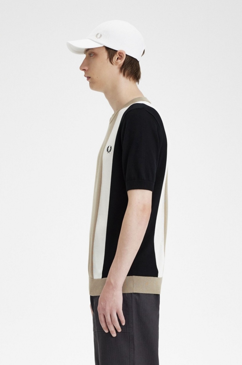 Fred Perry Striped Fine Knit Men's T Shirts Black | RHA-136204