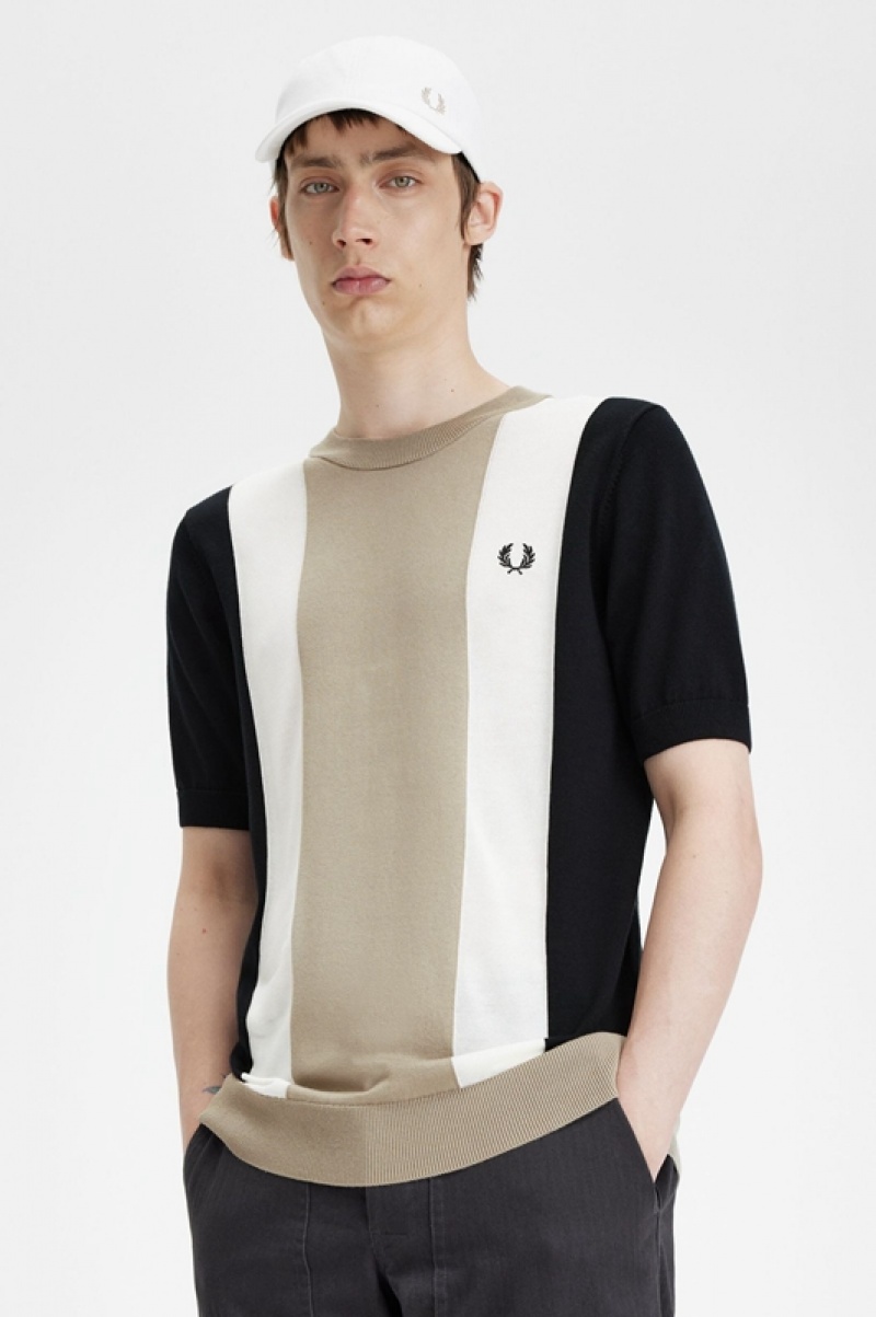 Fred Perry Striped Fine Knit Men's T Shirts Black | RHA-136204