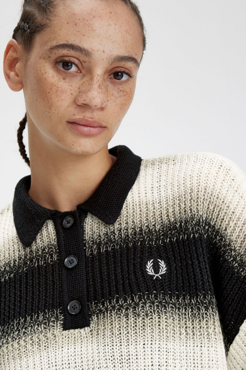 Fred Perry Striped Open-Knit Women's Shirts Black | RIC-819764