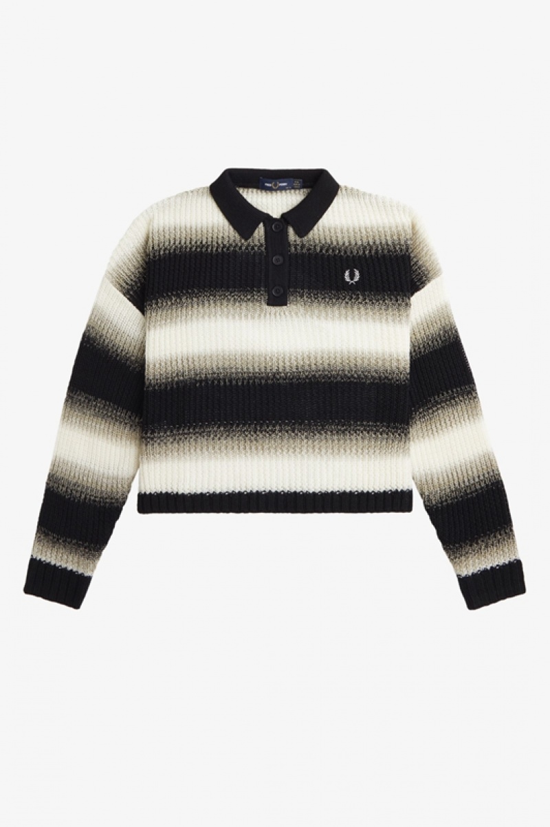 Fred Perry Striped Open-Knit Women's Shirts Black | RIC-819764