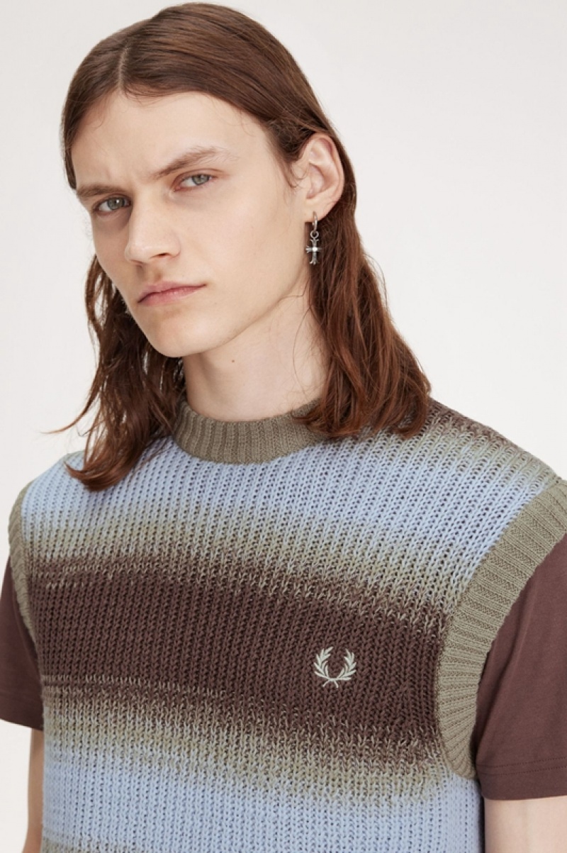 Fred Perry Striped Open Knit Men's Sweaters Dark Red | ONJ-092653