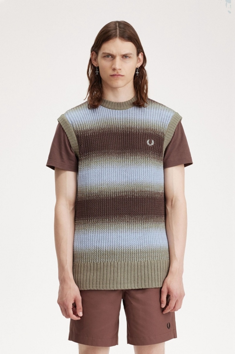 Fred Perry Striped Open Knit Men\'s Sweaters Dark Red | ONJ-092653