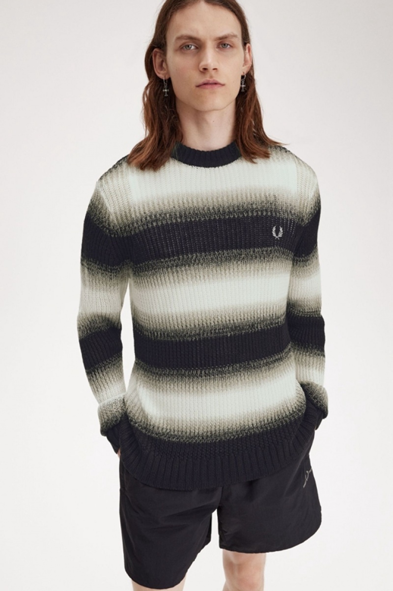 Fred Perry Striped Open Knit Men's Sweaters Black | ZFJ-502941