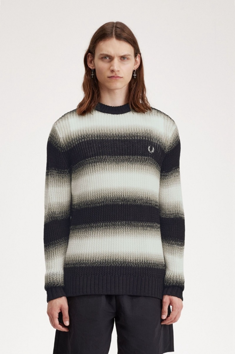 Fred Perry Striped Open Knit Men\'s Sweaters Black | ZFJ-502941