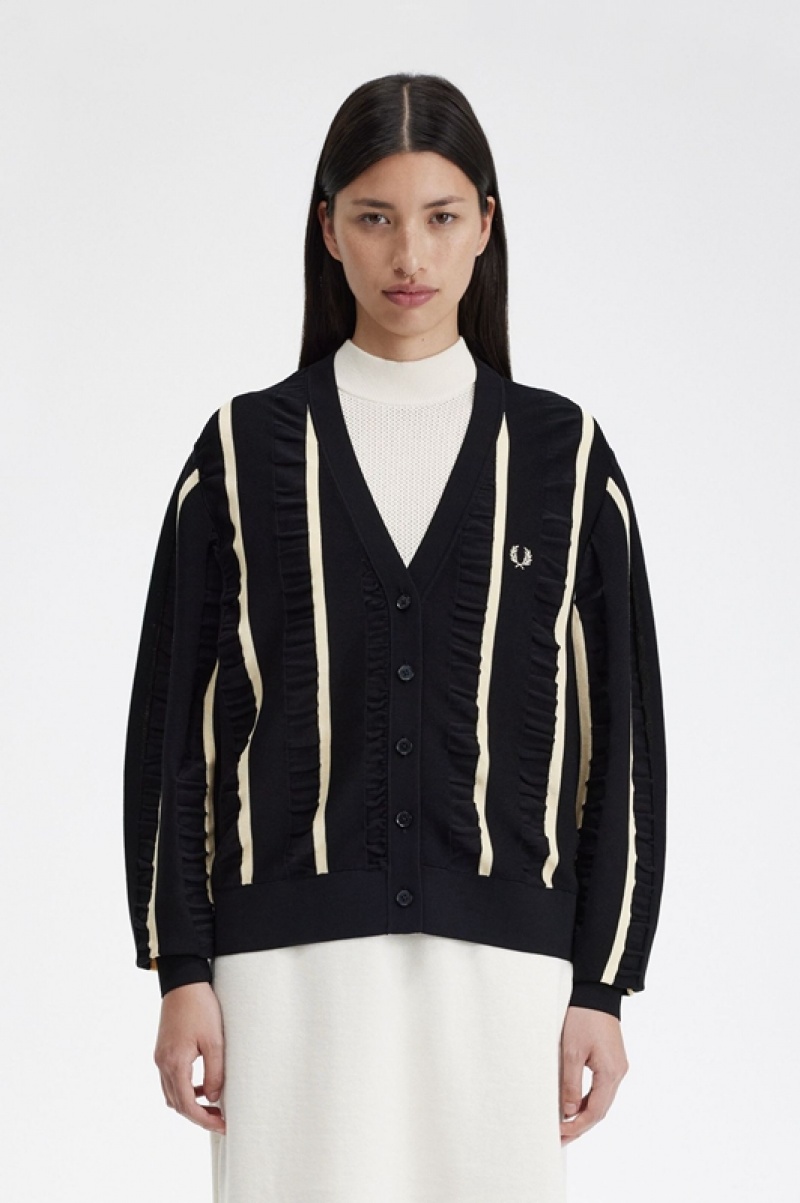 Fred Perry Striped Women\'s Cardigan Black | PLQ-014976