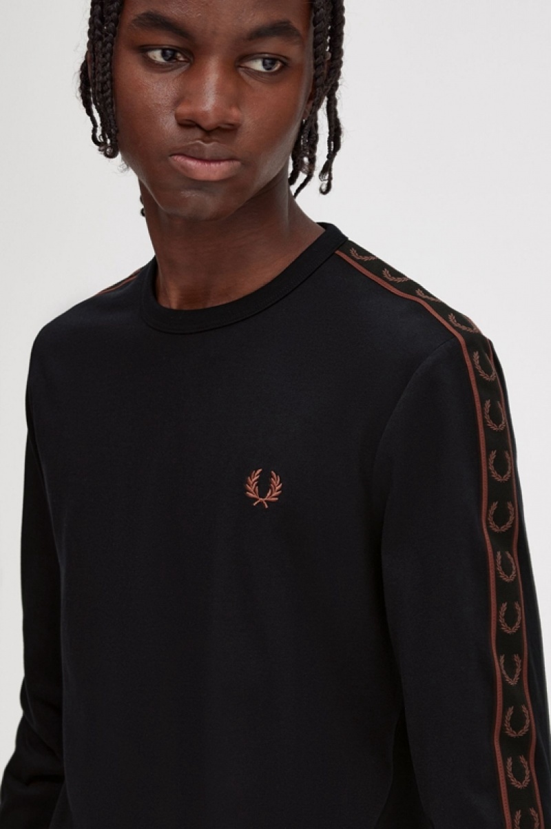 Fred Perry Taped Long Sleeve Men's T Shirts Black | OGI-648129