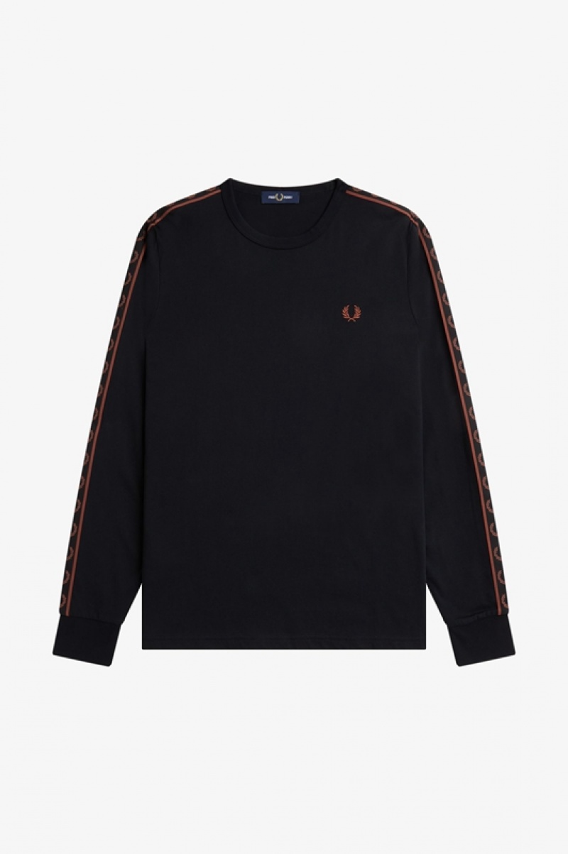 Fred Perry Taped Long Sleeve Men's T Shirts Black | OGI-648129