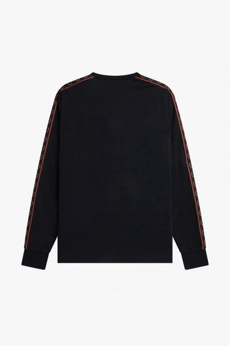 Fred Perry Taped Long Sleeve Men's T Shirts Black | OGI-648129