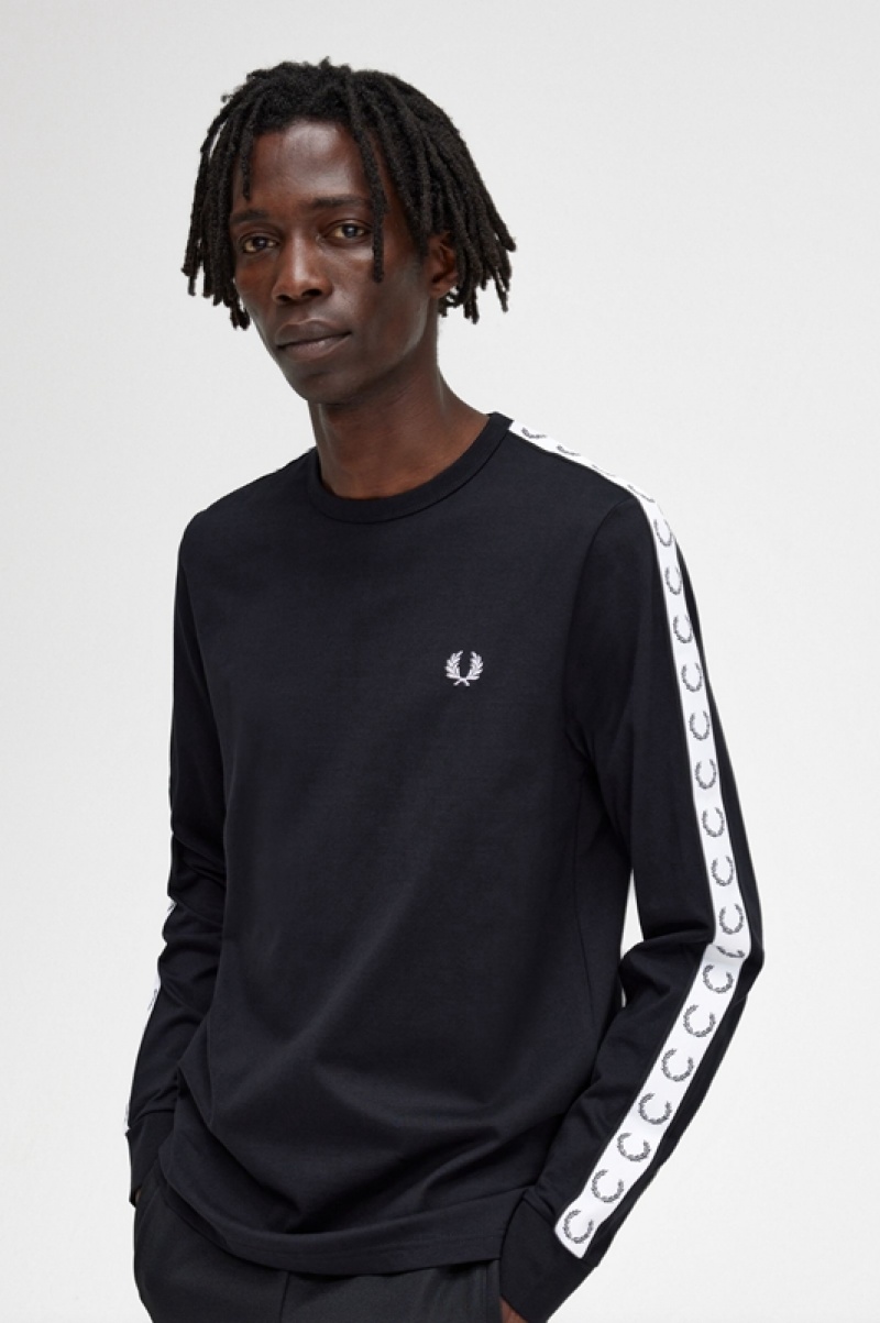 Fred Perry Taped Long Sleeve Men's T Shirts Black | MOP-047861