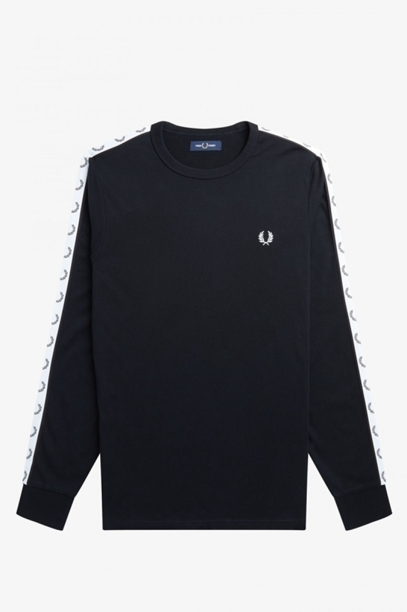 Fred Perry Taped Long Sleeve Men's T Shirts Black | MOP-047861