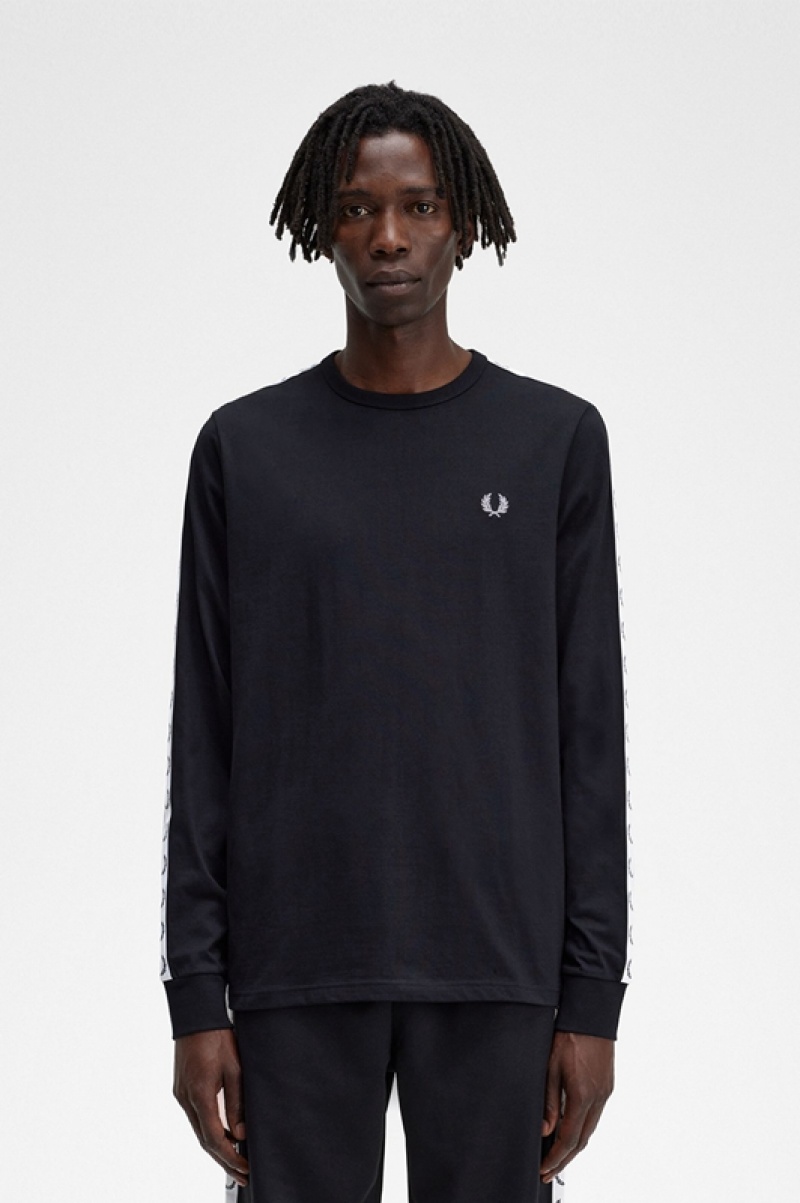 Fred Perry Taped Long Sleeve Men\'s T Shirts Black | MOP-047861