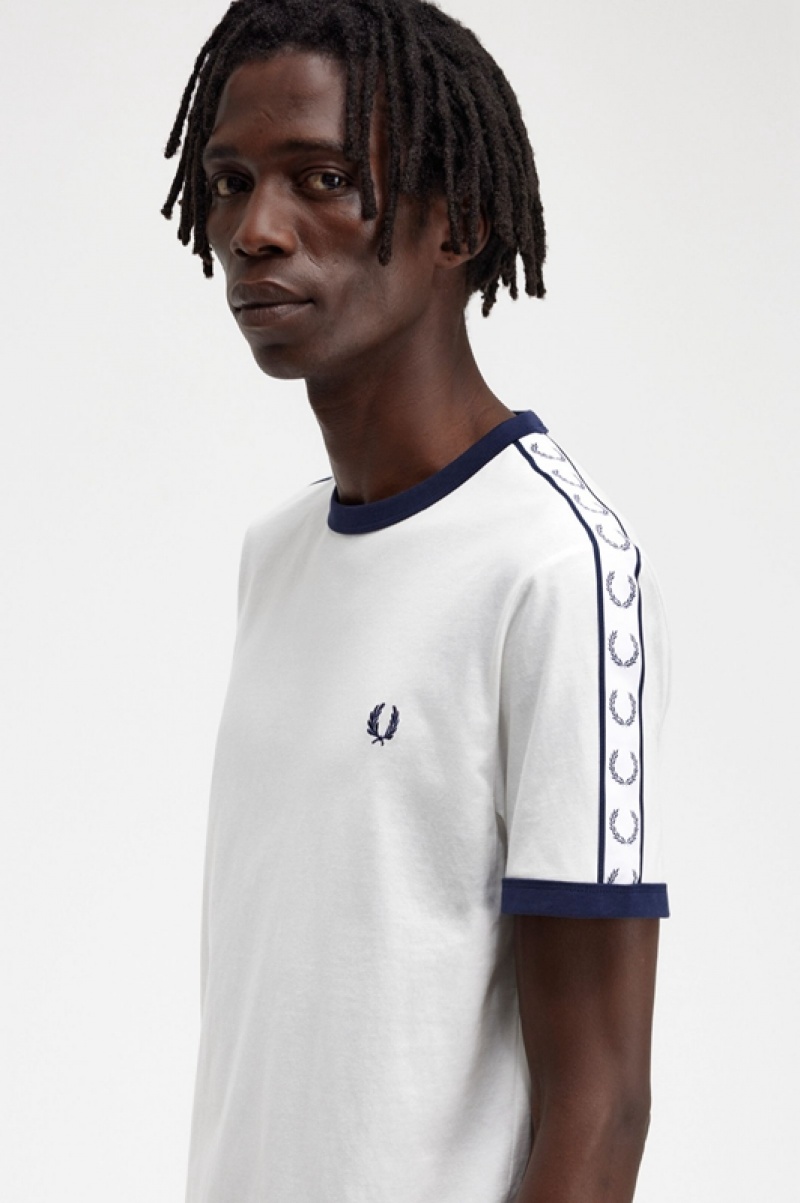 Fred Perry Taped Ringer Men's T Shirts White | QVP-196270