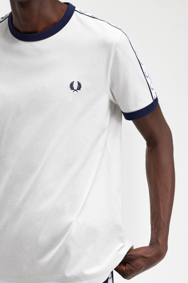 Fred Perry Taped Ringer Men's T Shirts White | QVP-196270