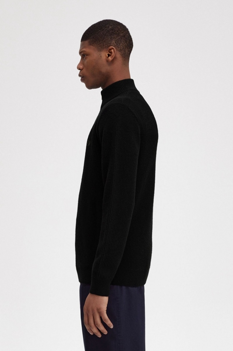 Fred Perry Textured Half Zip Men's Sweaters Black | EYF-732901