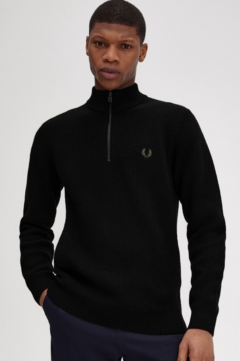 Fred Perry Textured Half Zip Men's Sweaters Black | EYF-732901