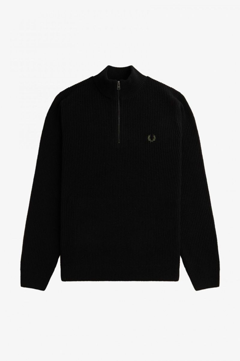 Fred Perry Textured Half Zip Men's Sweaters Black | EYF-732901