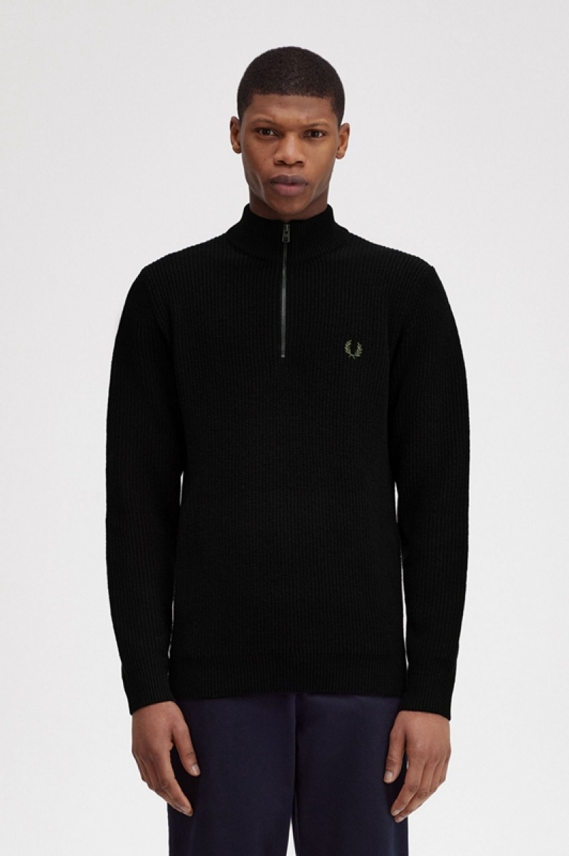 Fred Perry Textured Half Zip Men\'s Sweaters Black | EYF-732901