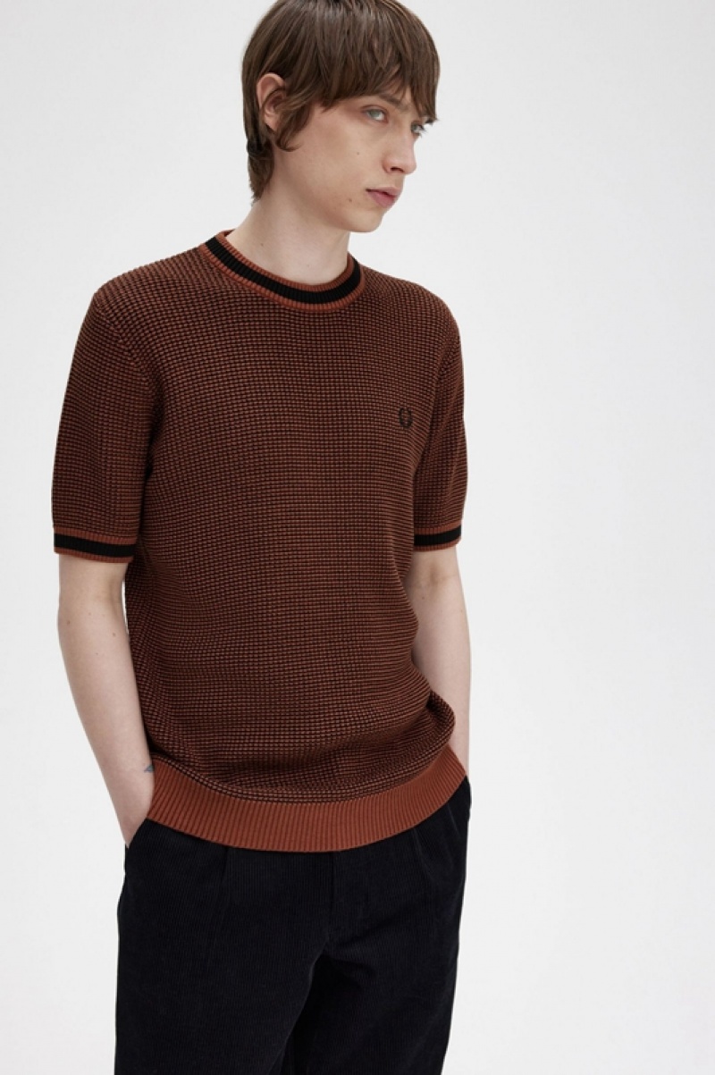 Fred Perry Textured Knitted Men's T Shirts Brown | MGW-150968