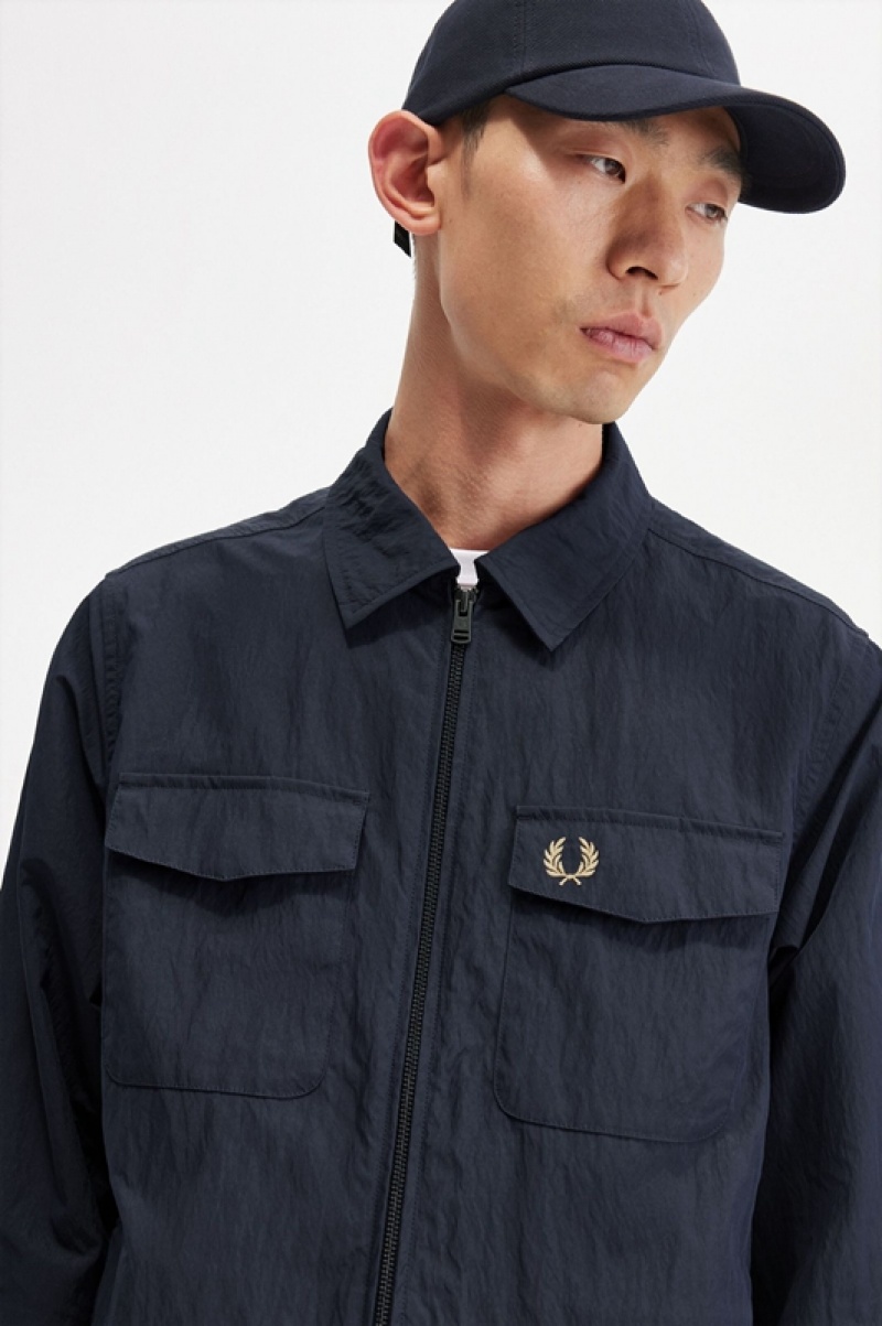 Fred Perry Textured Zip-Through Men's Jackets Navy | QCB-795043