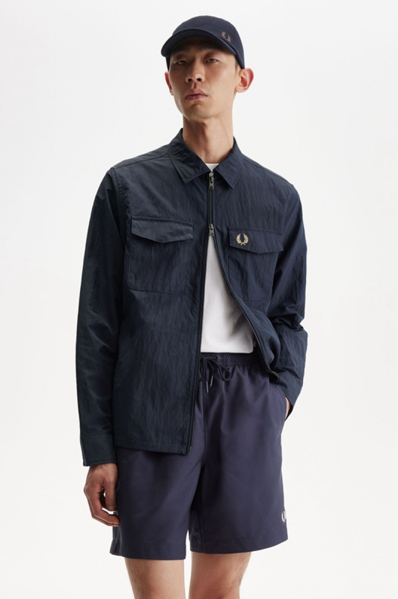 Fred Perry Textured Zip-Through Men's Jackets Navy | QCB-795043