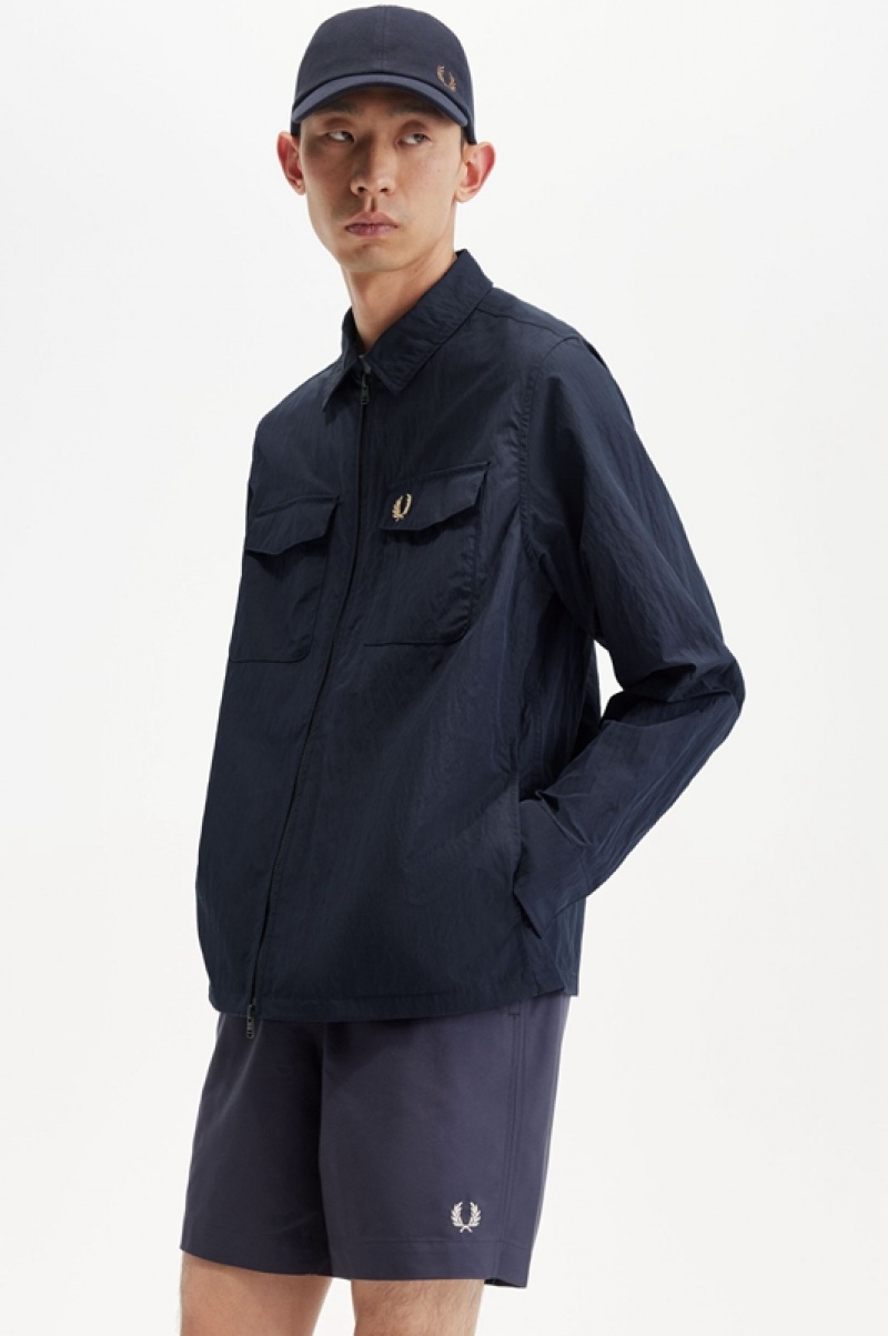 Fred Perry Textured Zip-Through Men's Jackets Navy | CQV-685723