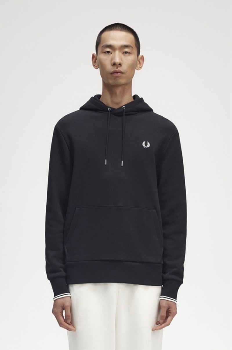 Fred Perry Tipped Hooded Men\'s Sweatshirts Black | OJI-073695