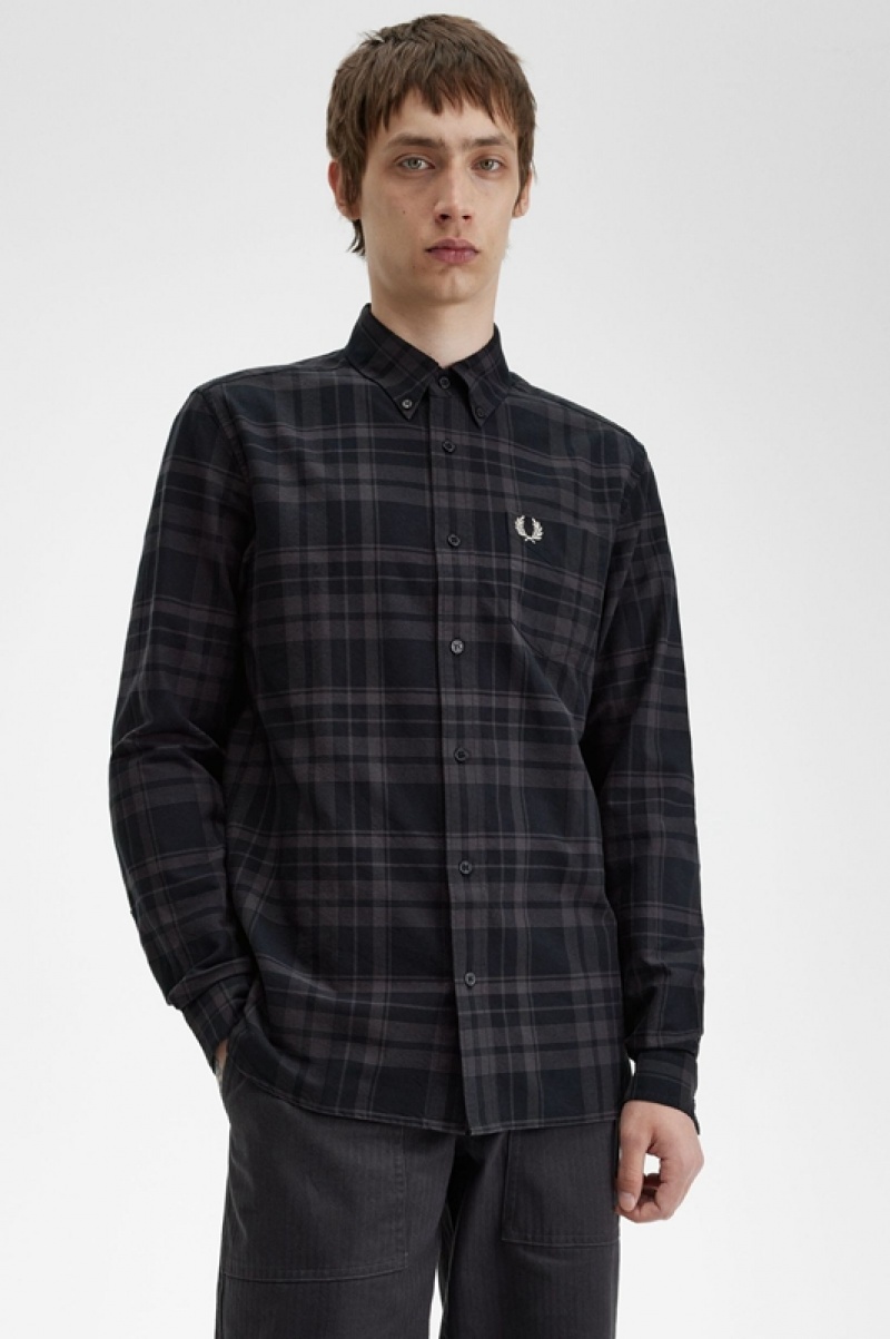 Fred Perry Tonal Tartan Men's Shirts Black | UFZ-745603