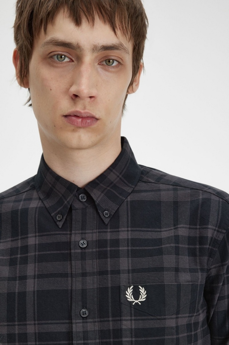 Fred Perry Tonal Tartan Men's Shirts Black | UFZ-745603