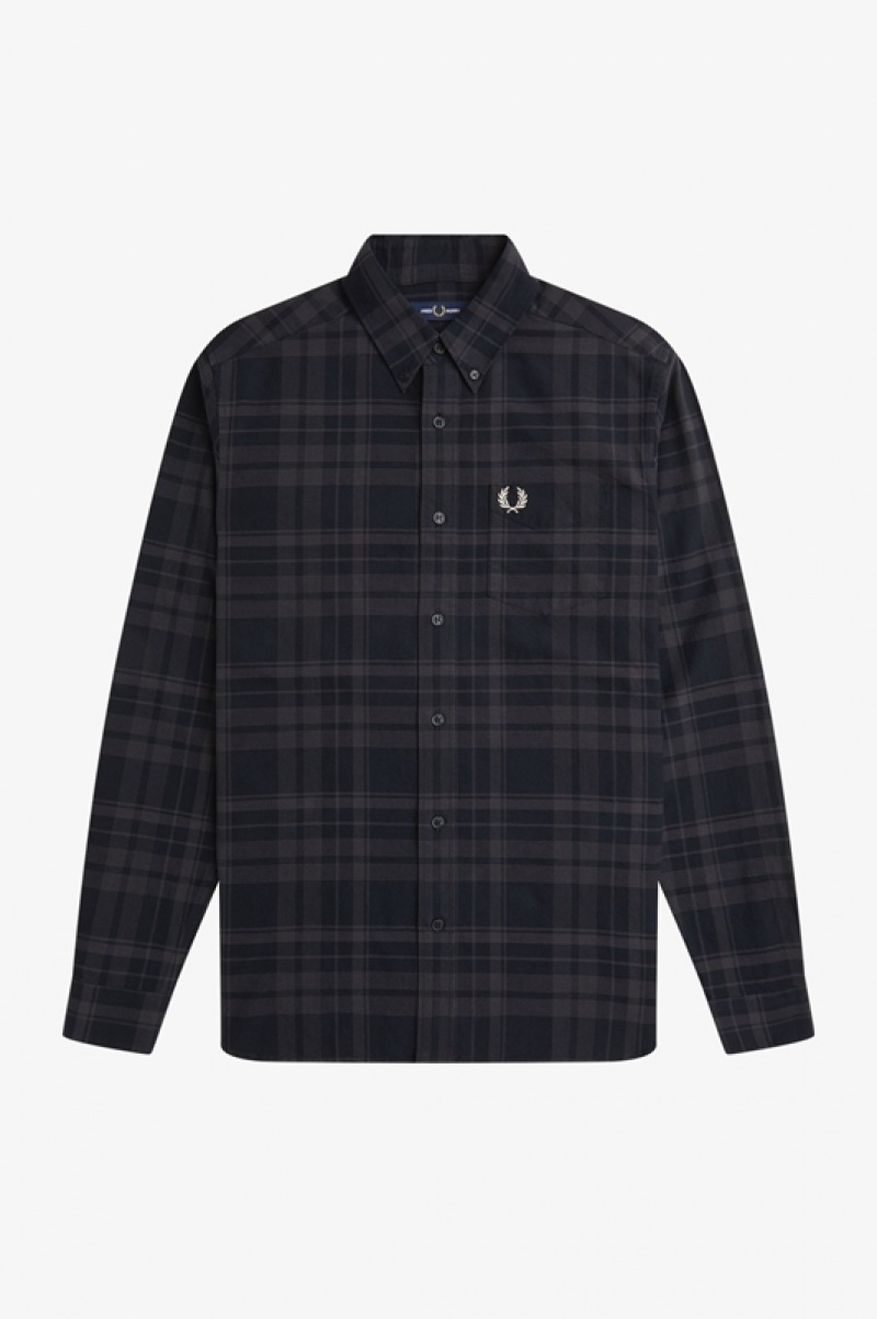 Fred Perry Tonal Tartan Men's Shirts Black | UFZ-745603