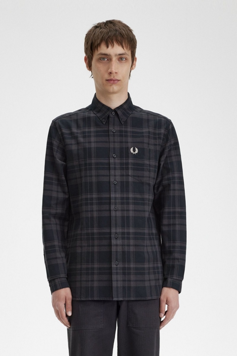 Fred Perry Tonal Tartan Men\'s Shirts Black | UFZ-745603