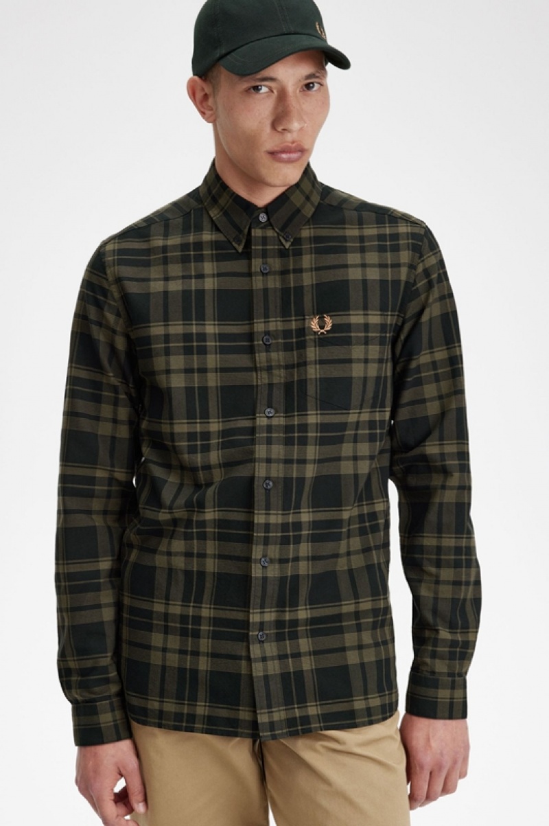 Fred Perry Tonal Tartan Men's Shirts Green | JVE-809375