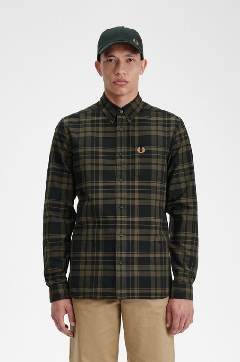 Fred Perry Tonal Tartan Men\'s Shirts Green | JVE-809375