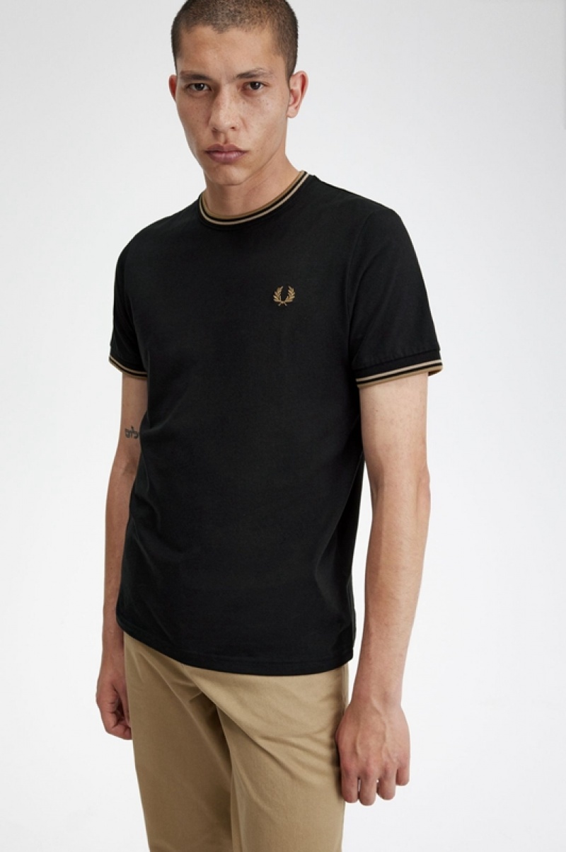 Fred Perry Twin Tipped Men's T Shirts Black | ZAX-045372