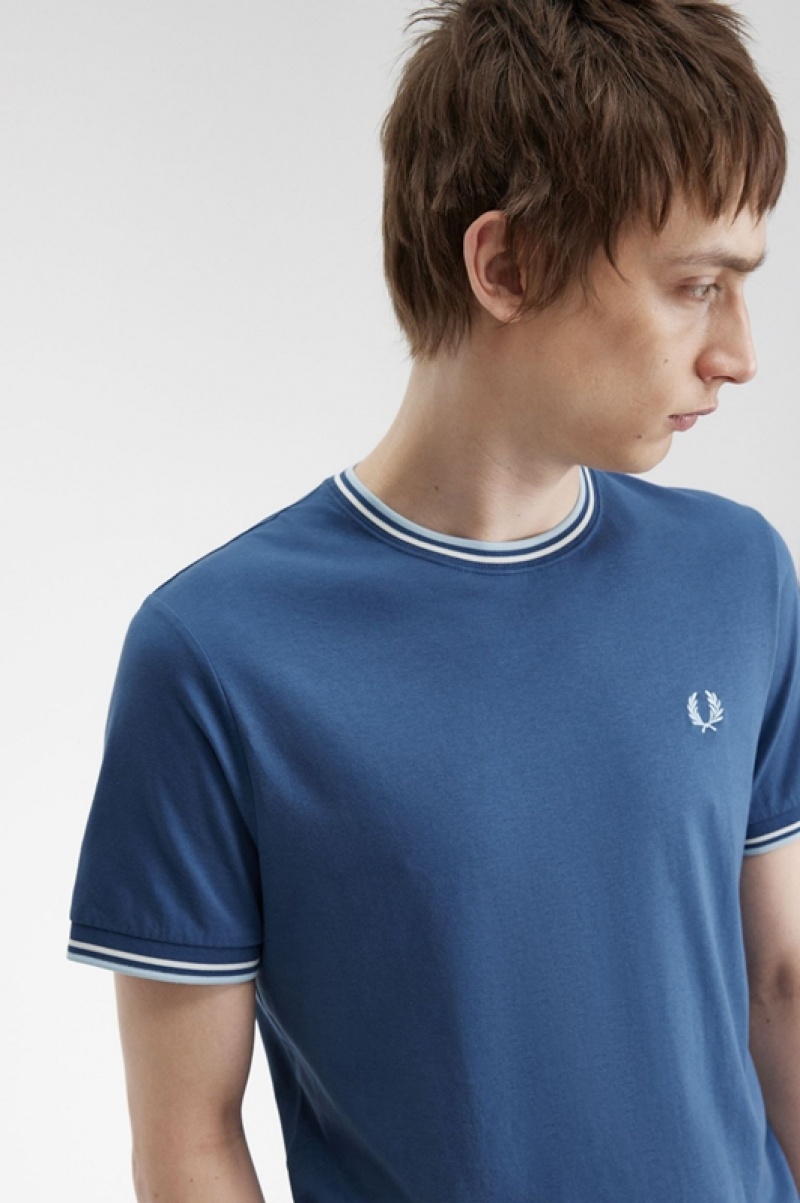 Fred Perry Twin Tipped Men's T Shirts Blue | ATF-197862