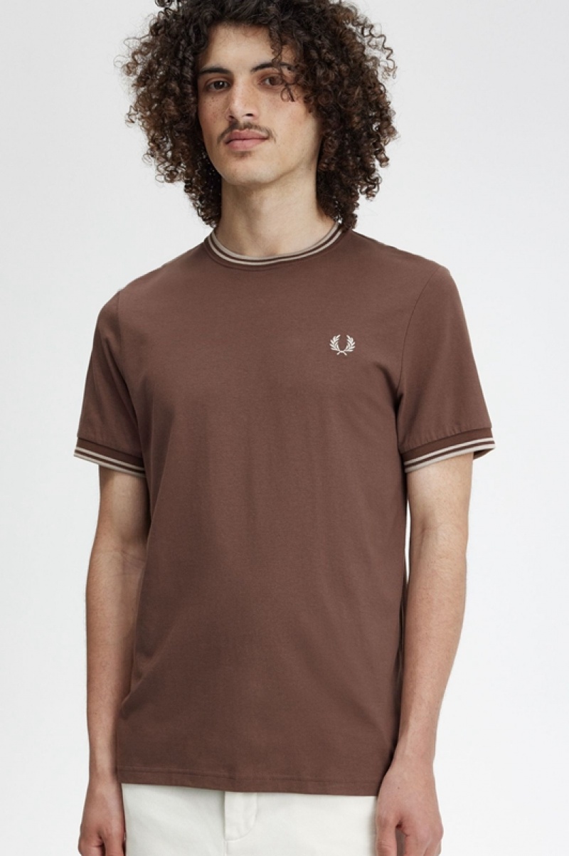 Fred Perry Twin Tipped Men's T Shirts Chocolate | BRF-493256