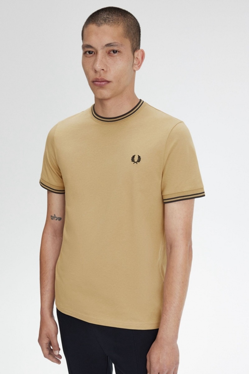 Fred Perry Twin Tipped Men's T Shirts Dark Yellow | DAO-948052