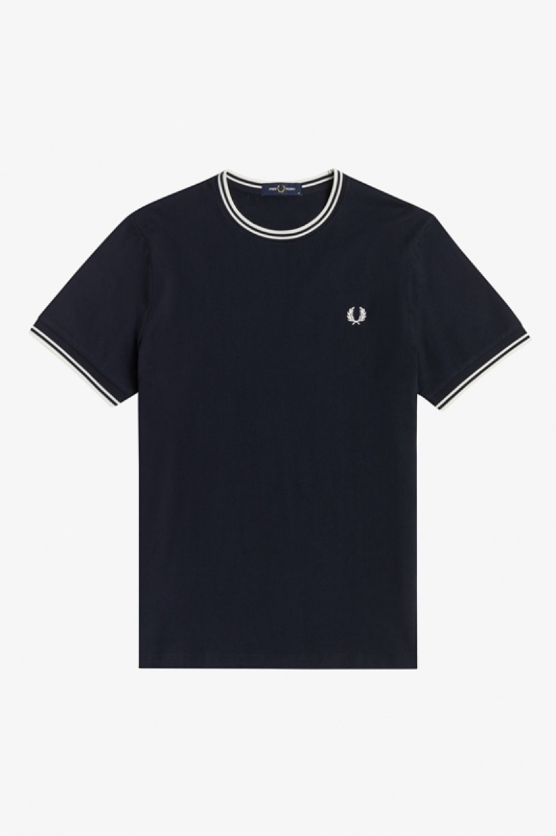 Fred Perry Twin Tipped Men's T Shirts Navy | SLD-714503