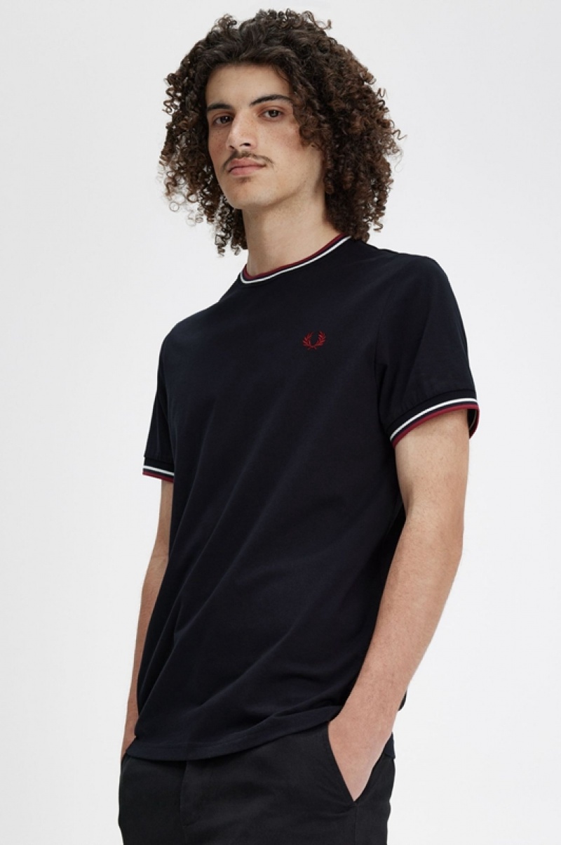 Fred Perry Twin Tipped Men's T Shirts Navy | JOD-510394