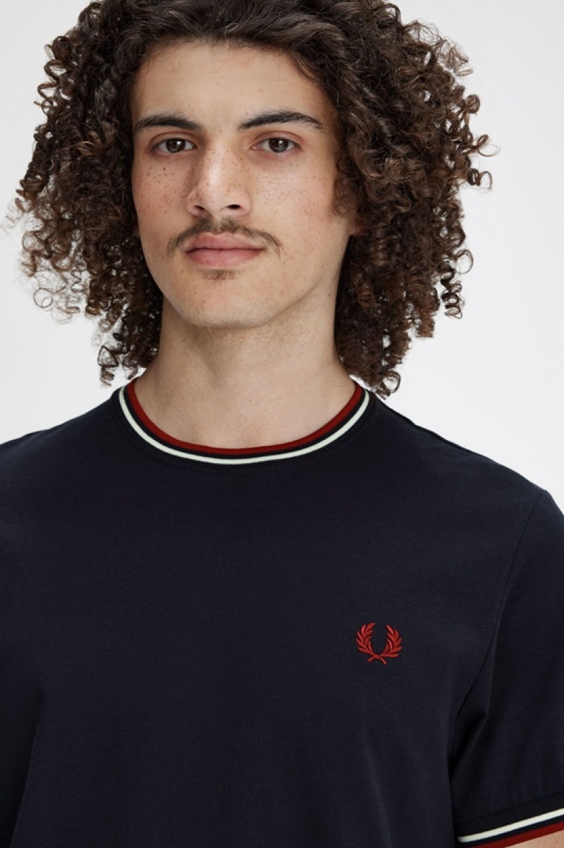 Fred Perry Twin Tipped Men's T Shirts Navy | JOD-510394