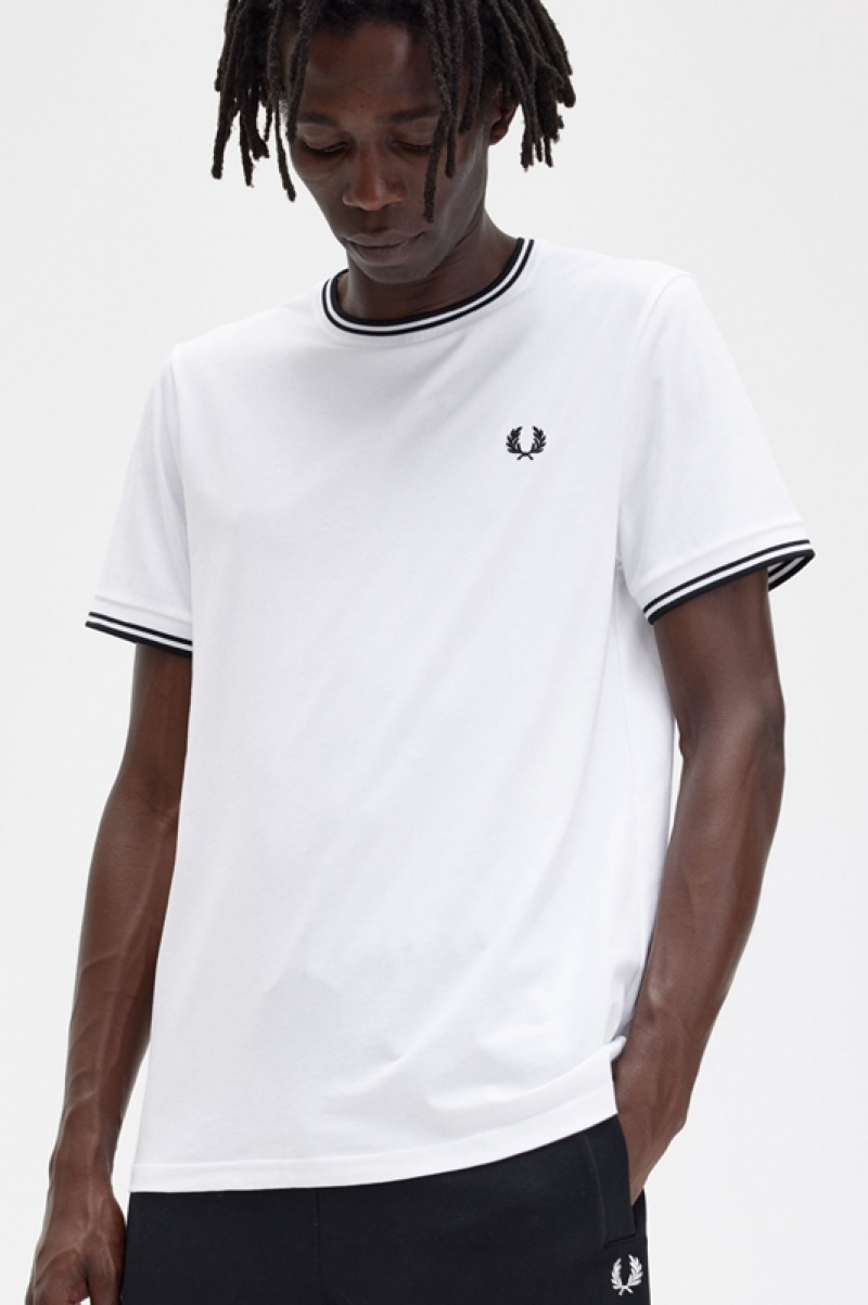 Fred Perry Twin Tipped Men's T Shirts White | JAI-209581