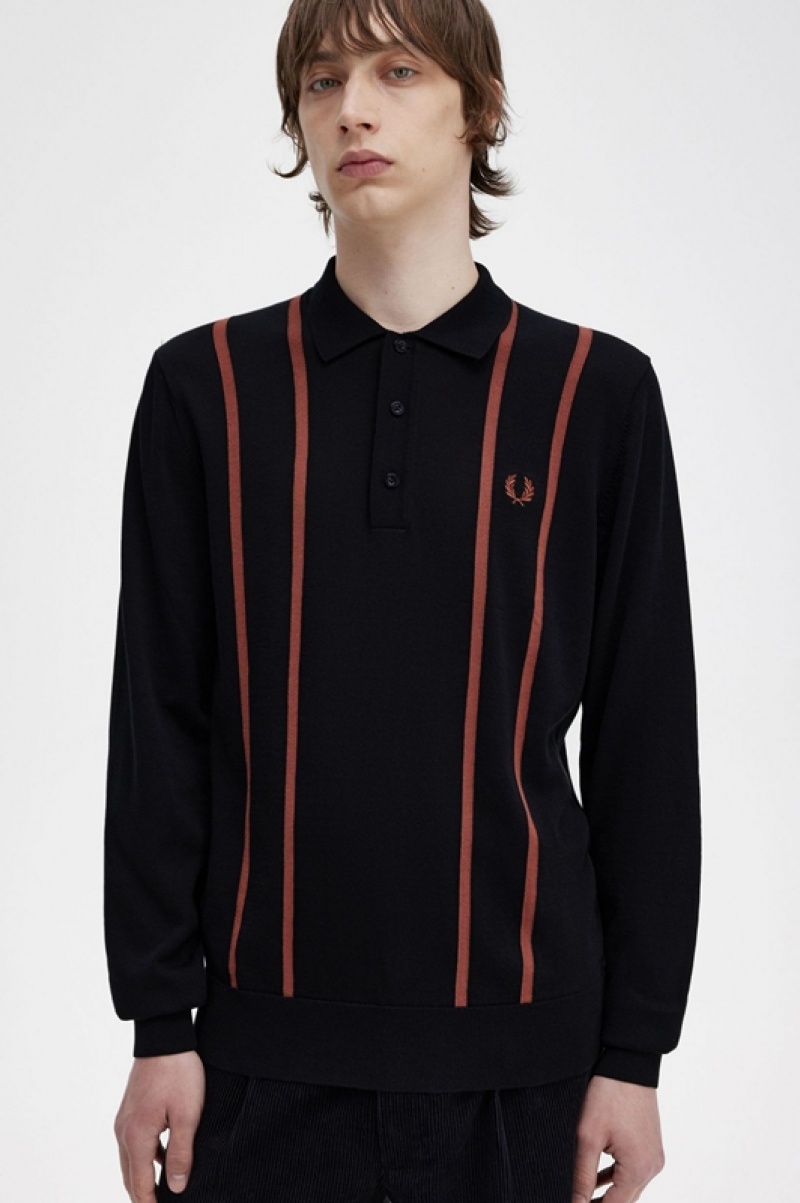 Fred Perry Vertical Stripe Knitted Men's Shirts Black | XOY-657380