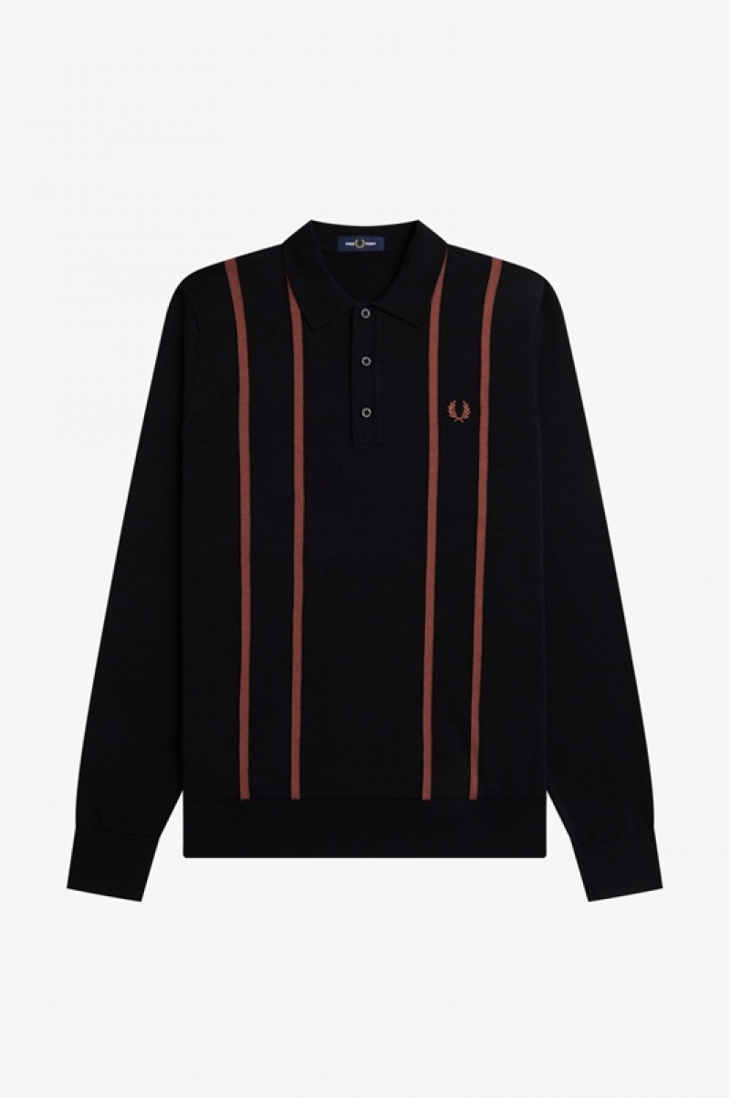 Fred Perry Vertical Stripe Knitted Men's Shirts Black | XOY-657380