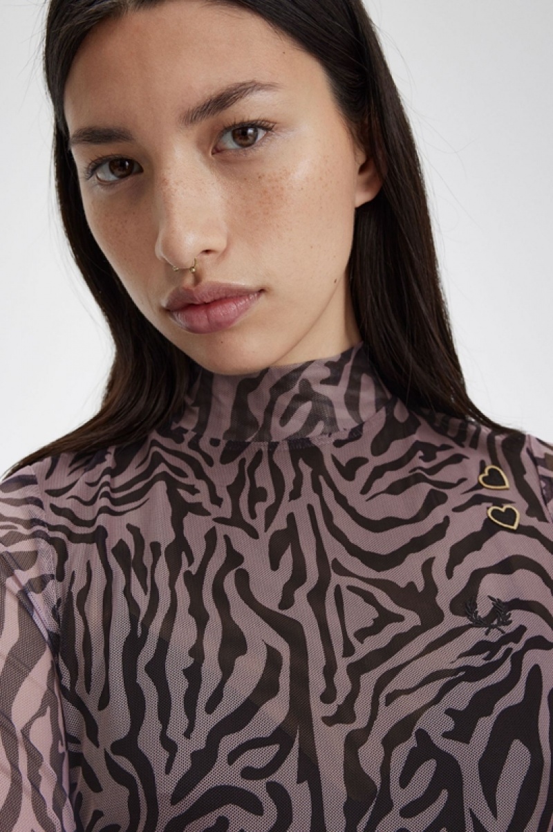 Fred Perry Zebra Print Mesh Women's Dress Rose Pink | YZM-728015