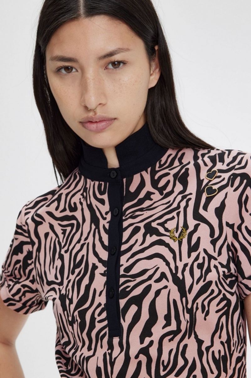 Fred Perry Zebra Print Women's Polo Shirts Rose Pink | ZHP-403518